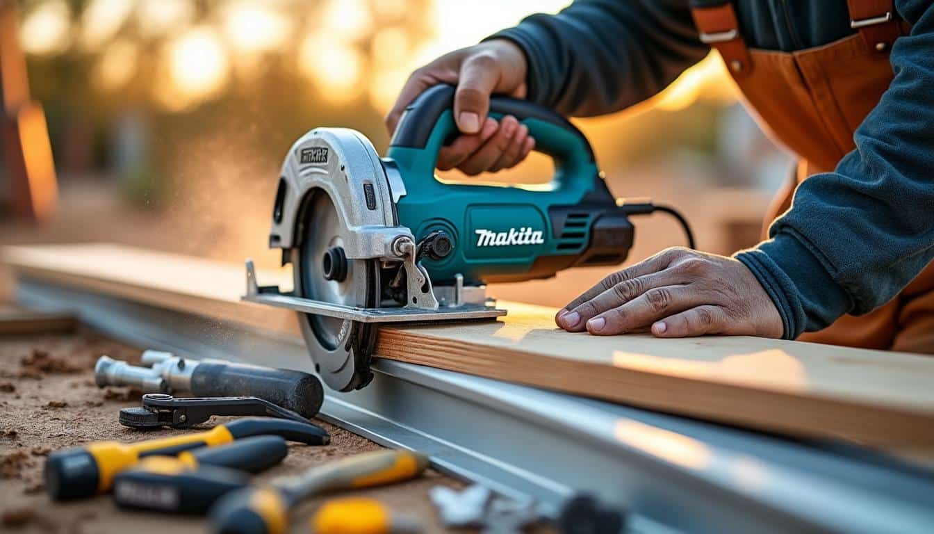 Illustration: Les composants essentiels et fonctionnalités de la scie circulaire Makita avec rail de guidage